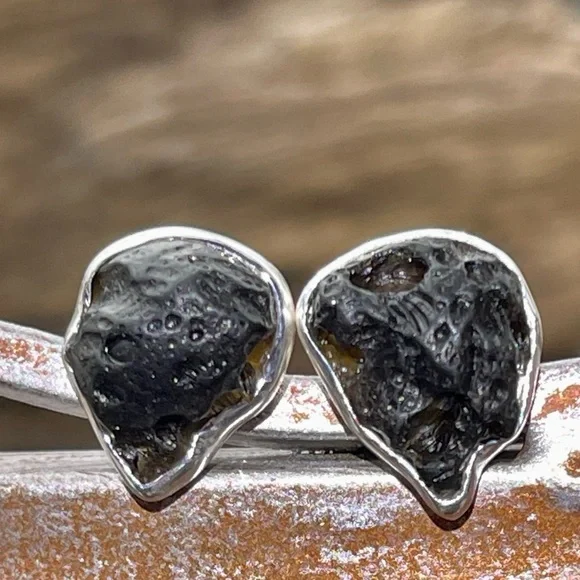 Tektite Gemstone Stud Earrings 925 Sterling Silver - Picture 5 of 10